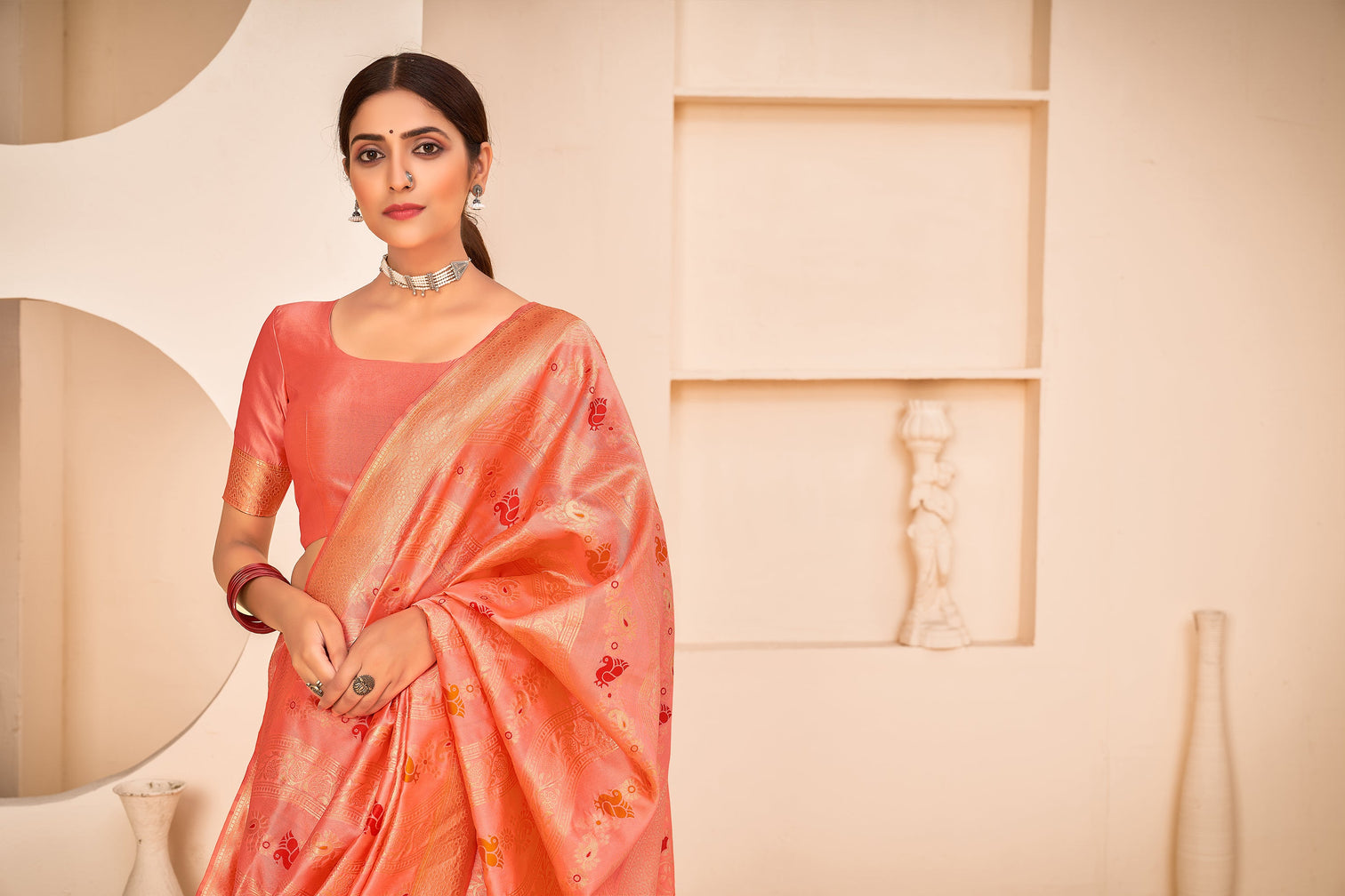 Peach Festive Wear Banarasi With Patola Woven Banarasi Silk Saree