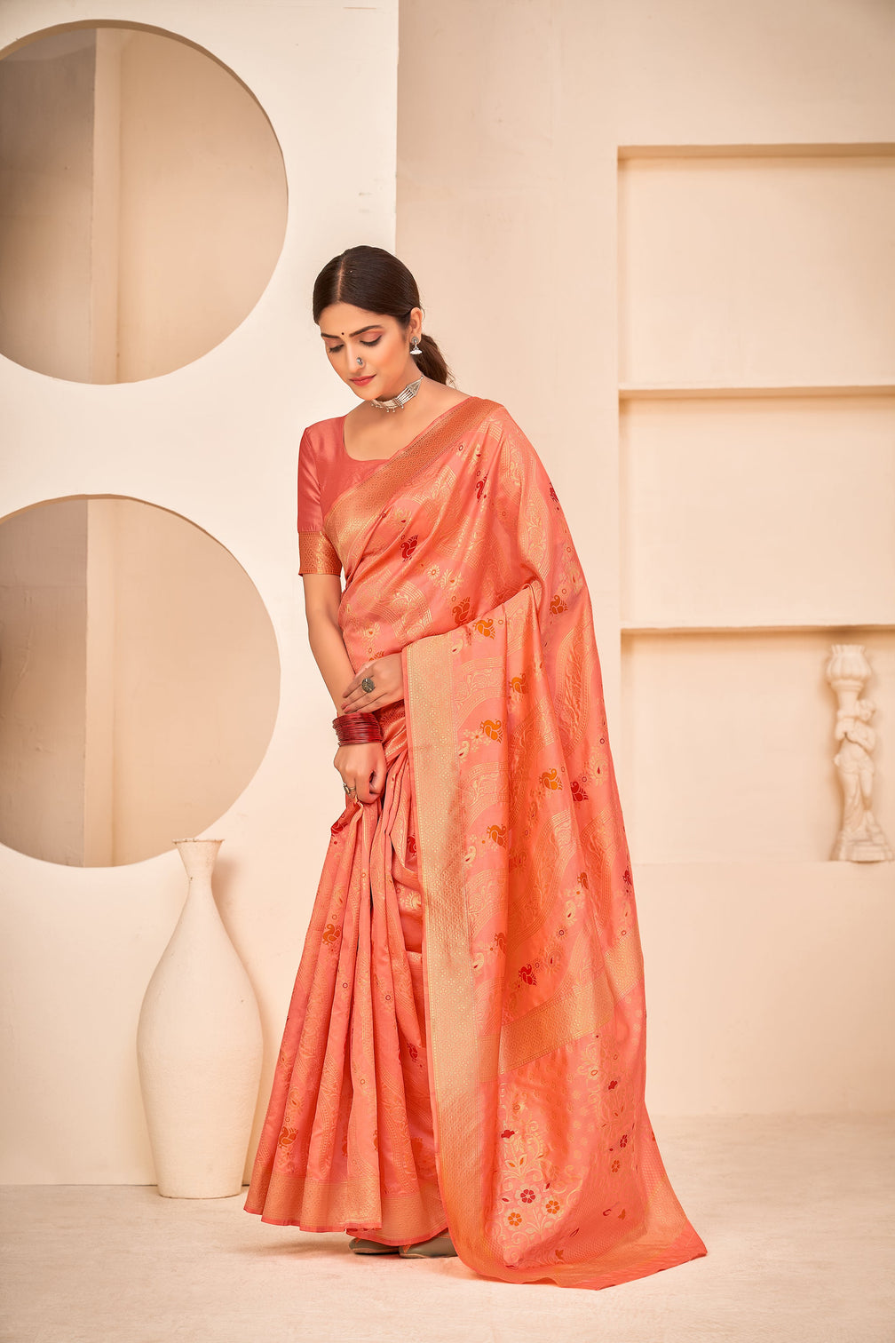 Peach Festive Wear Banarasi With Patola Woven Banarasi Silk Saree