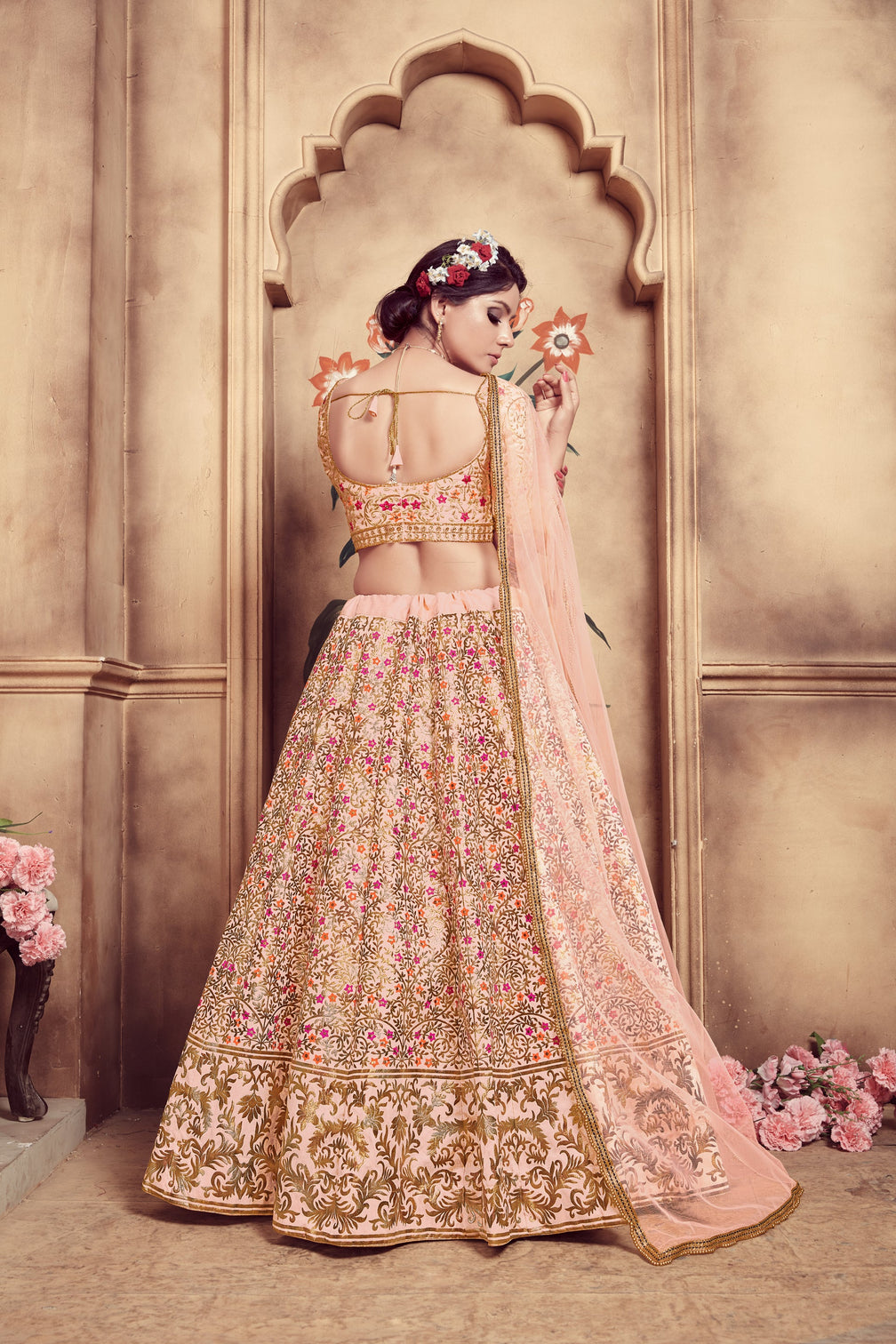 Peach Hand Work Foil Print And Soft Net Silk Lehenga Choli