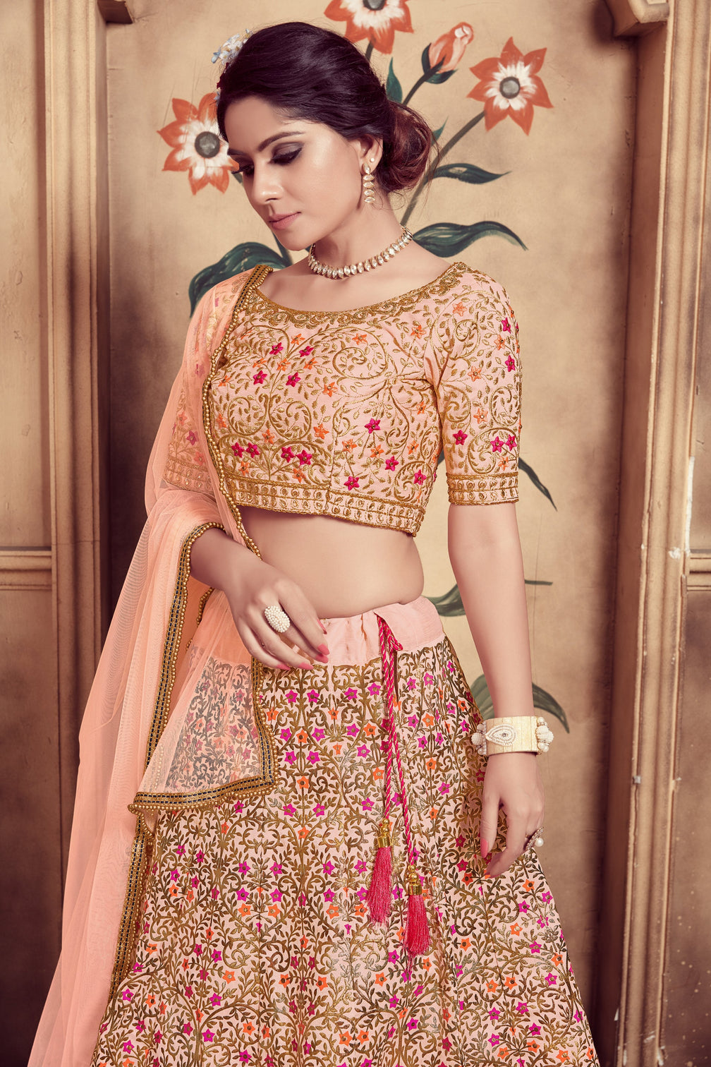 Peach Hand Work Foil Print And Soft Net Silk Lehenga Choli