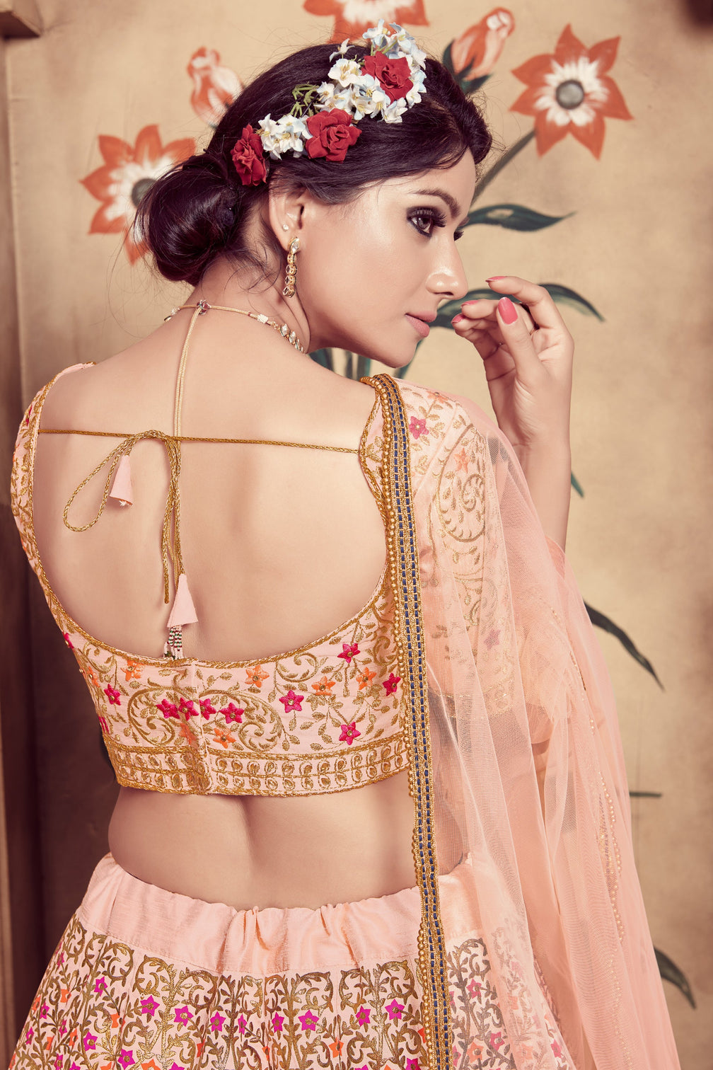 Peach Hand Work Foil Print And Soft Net Silk Lehenga Choli