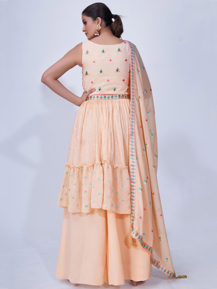 Peach Mirror Work Multi Embroidery Chiffon Palazzo Suit
