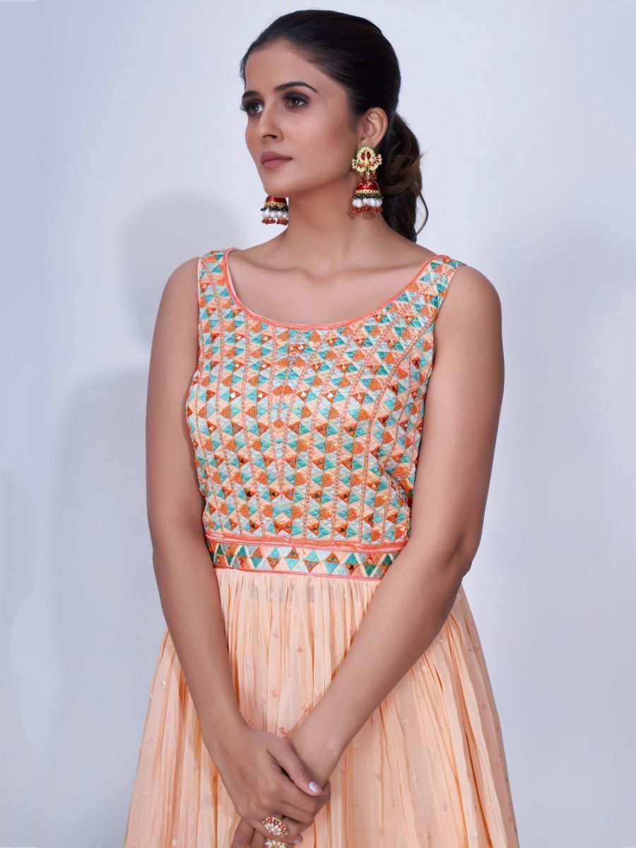 Peach Mirror Work Multi Embroidery Chiffon Palazzo Suit