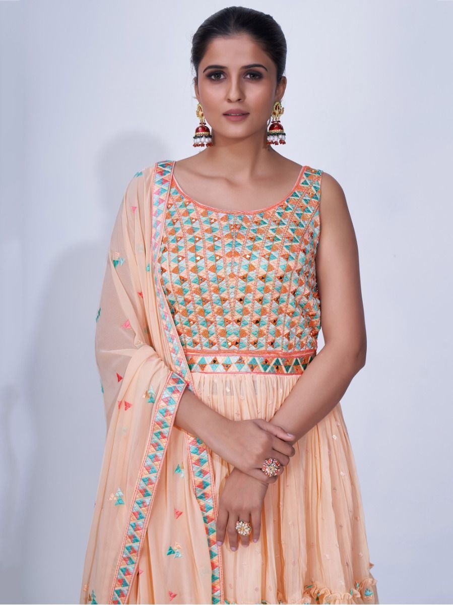 Peach Mirror Work Multi Embroidery Chiffon Palazzo Suit