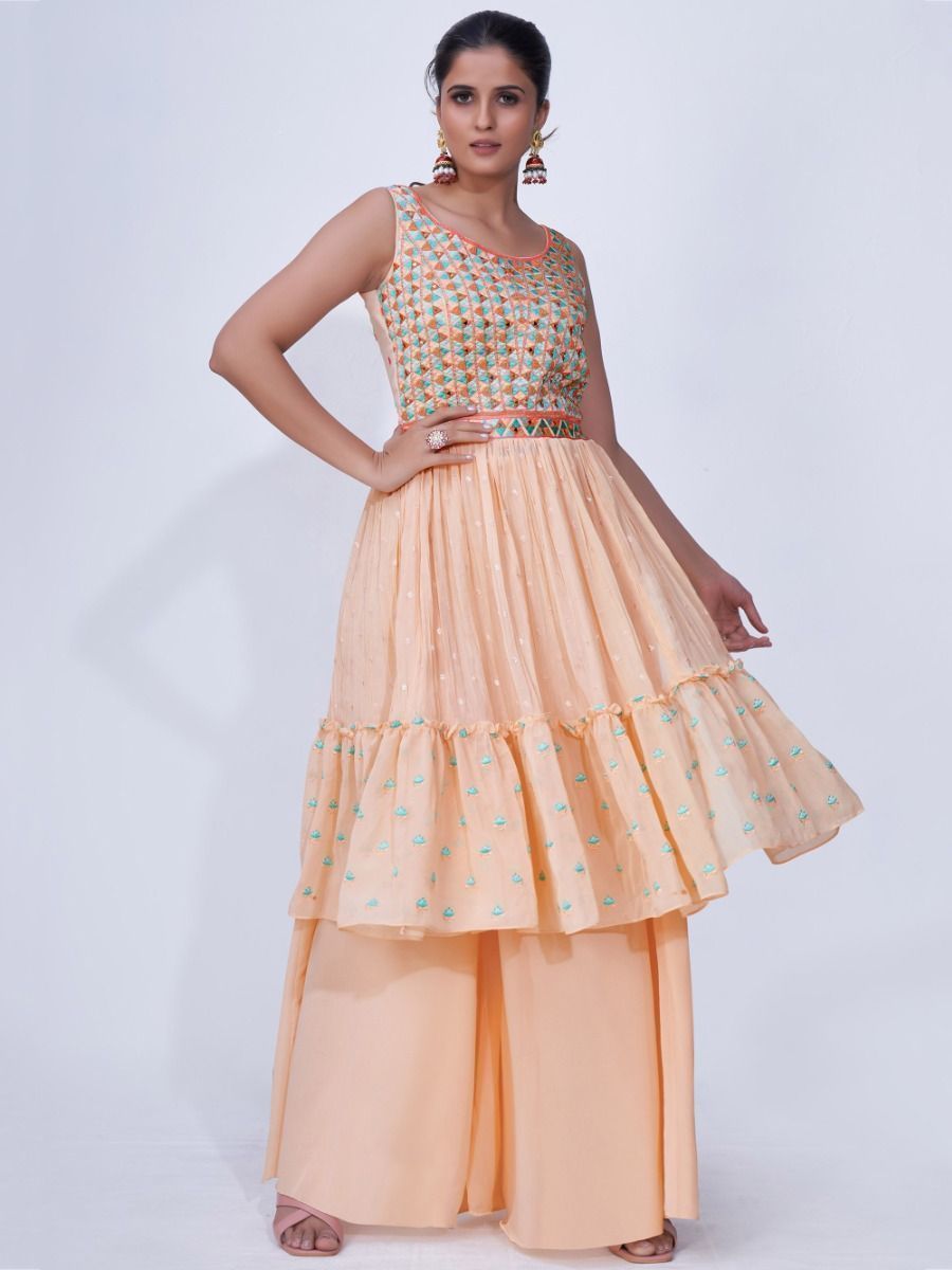 Peach Mirror Work Multi Embroidery Chiffon Palazzo Suit
