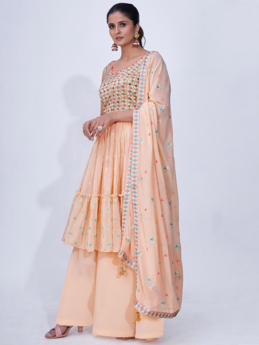 Peach Mirror Work Multi Embroidery Chiffon Palazzo Suit