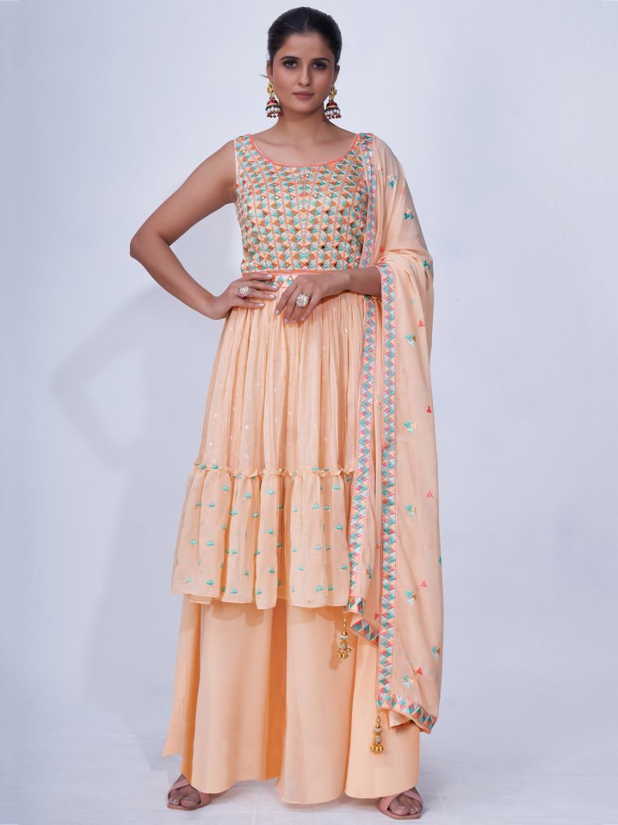 Peach Mirror Work Multi Embroidery Chiffon Palazzo Suit