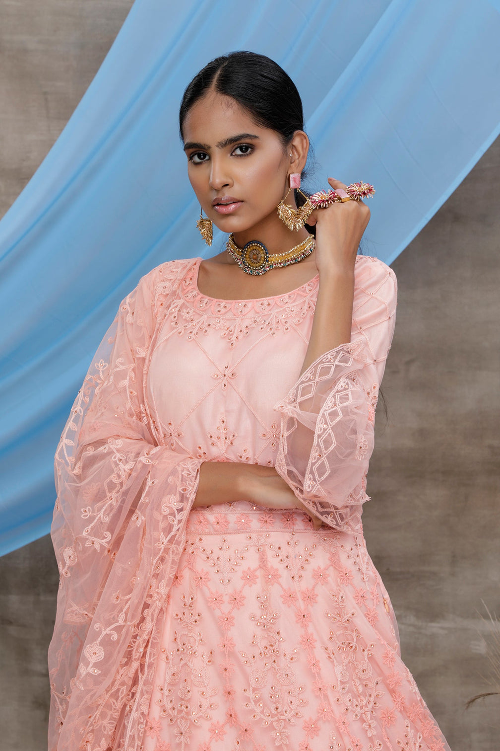 Peach Multi Thread Work Net Long Party Wear Gown