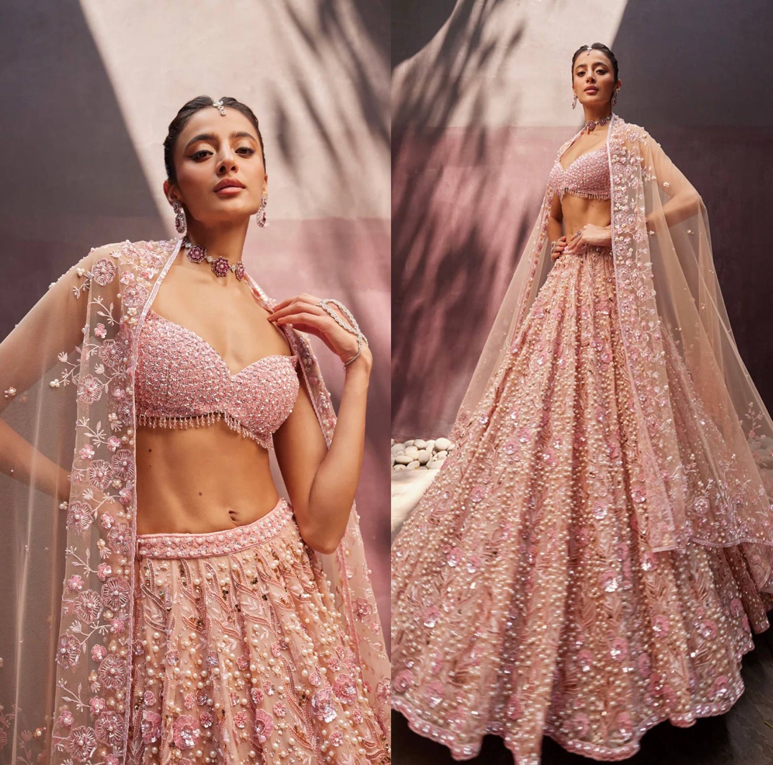 Peach Pastel Georgette Lehenga Set with Sequins, Dori & Pearl Beads Work
