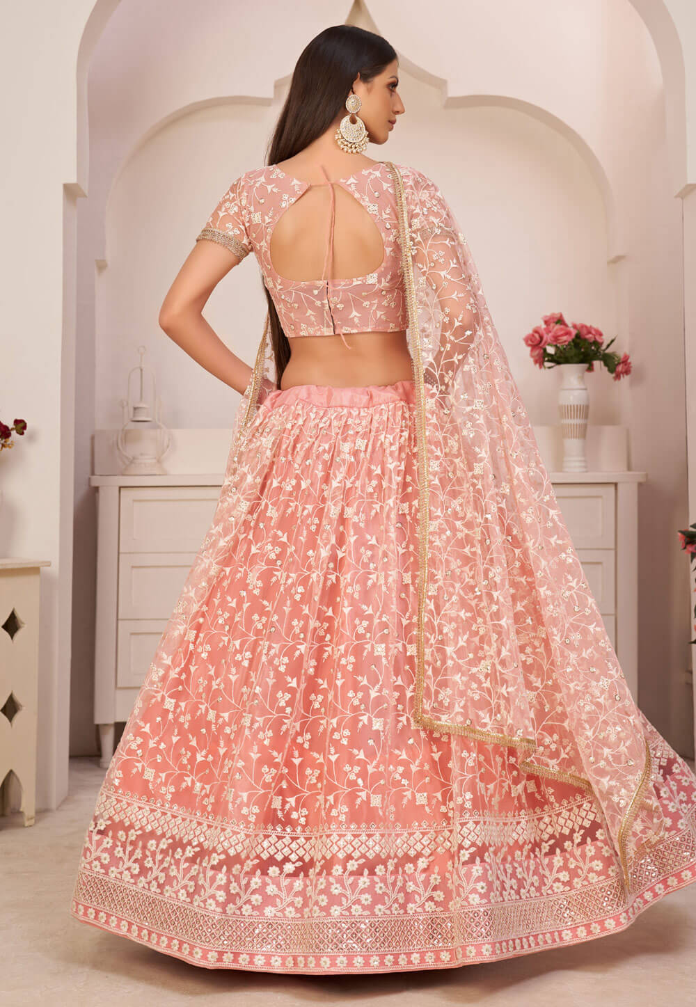 Peach Pink Lehenga Choli in Soft Net With Sequence and Thread Work