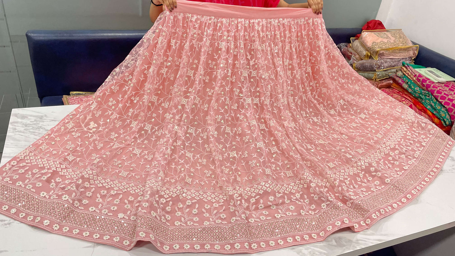 Peach Pink Lehenga Choli in Soft Net With Sequence and Thread Work