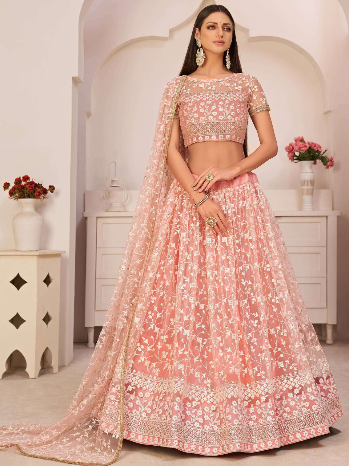 Peach Pink Lehenga Choli in Soft Net With Sequence and Thread Work