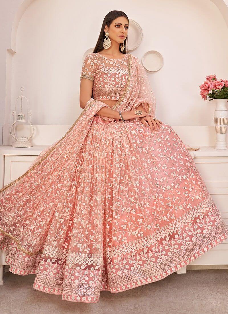 Peach Pink Lehenga Choli in Soft Net With Sequence and Thread Work