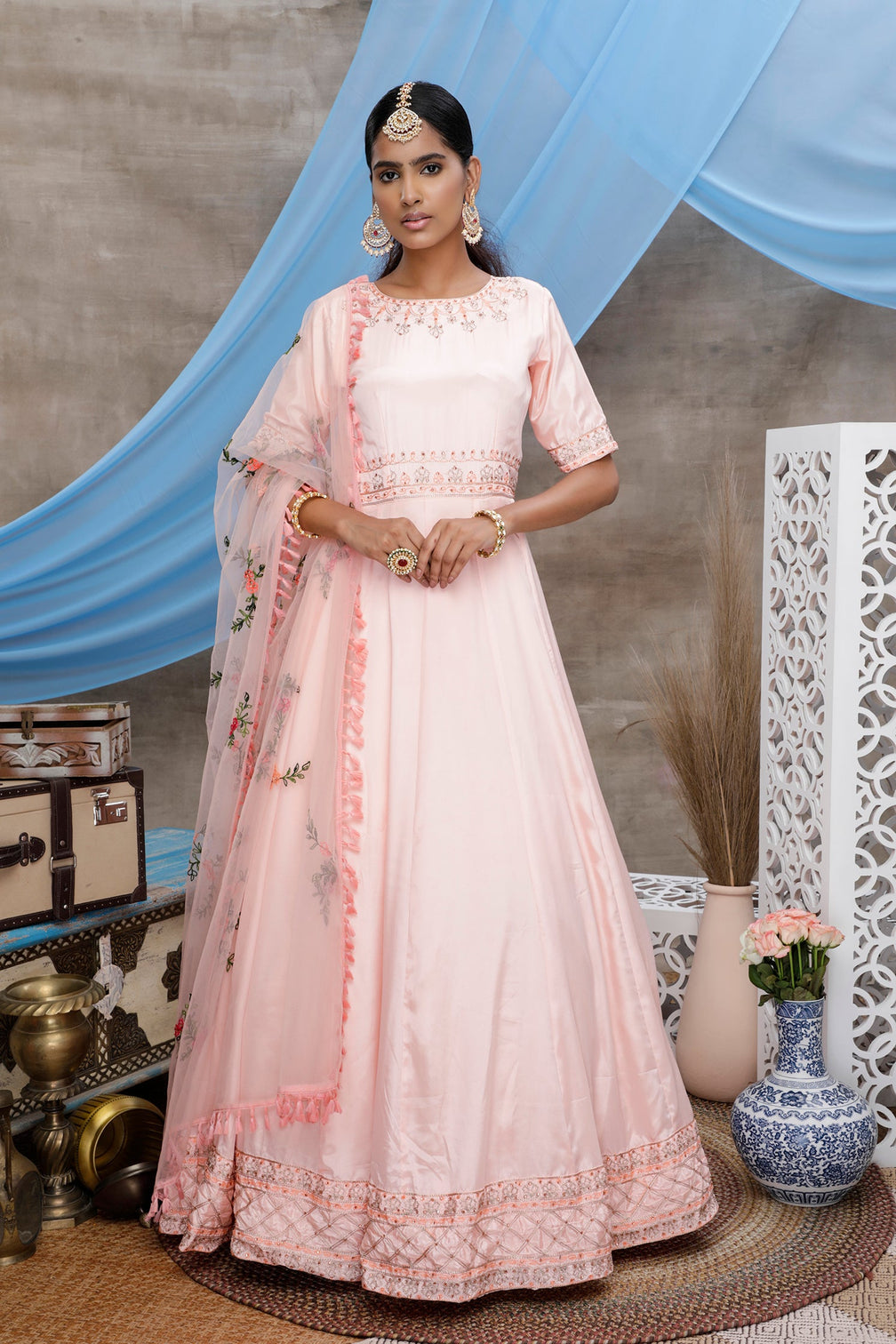 Peach Thread Embroidery Georgette Anarkali Long Gown Semi Stitched