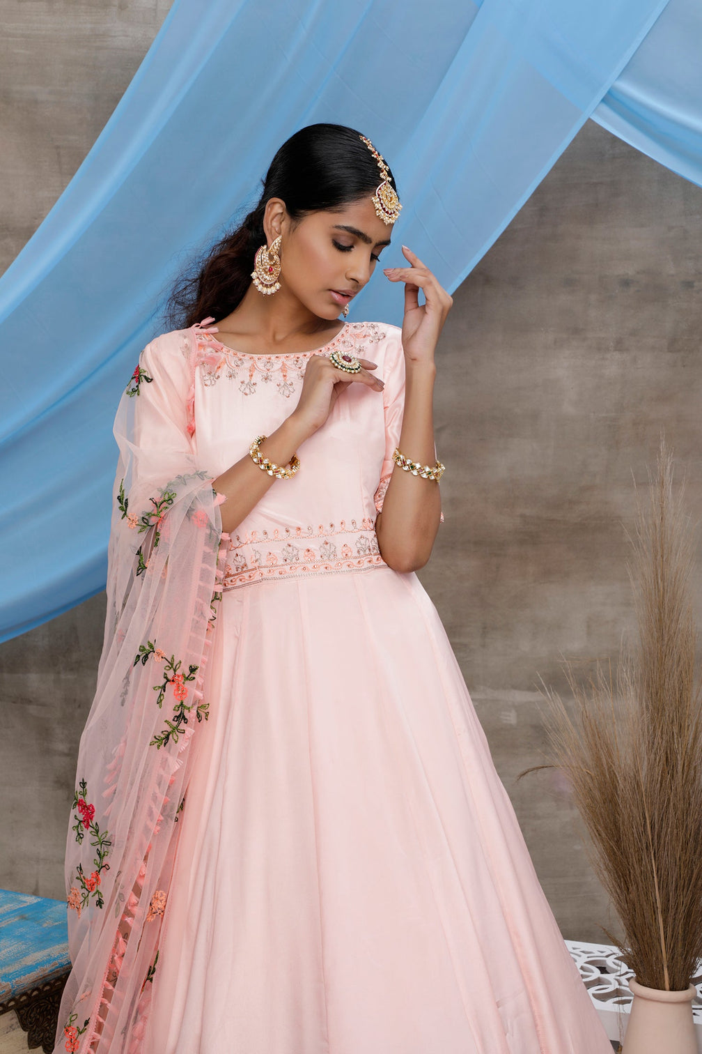 Peach Thread Embroidery Georgette Anarkali Long Gown Semi Stitched