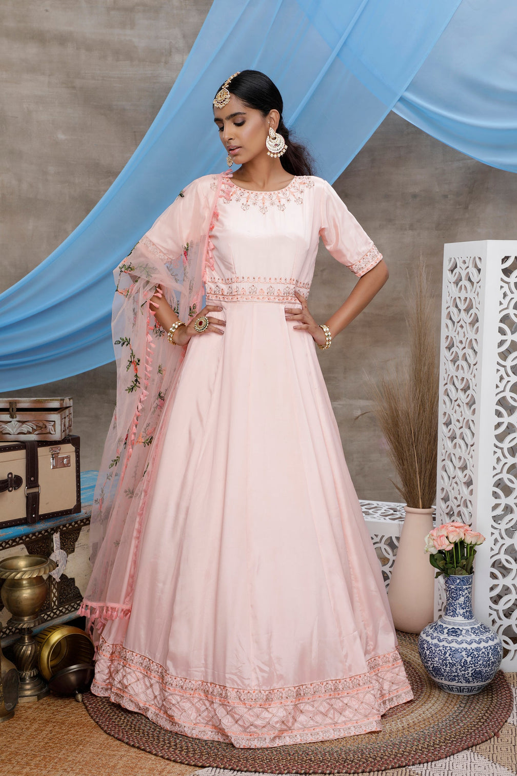 Peach Thread Embroidery Georgette Anarkali Long Gown Semi Stitched