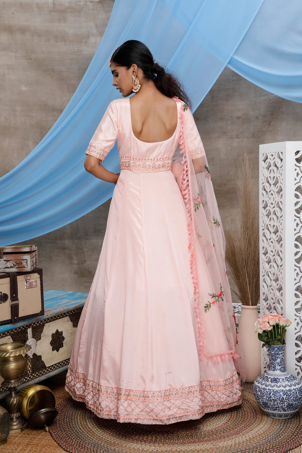 Peach Thread Embroidery Georgette Anarkali Long Gown Semi Stitched