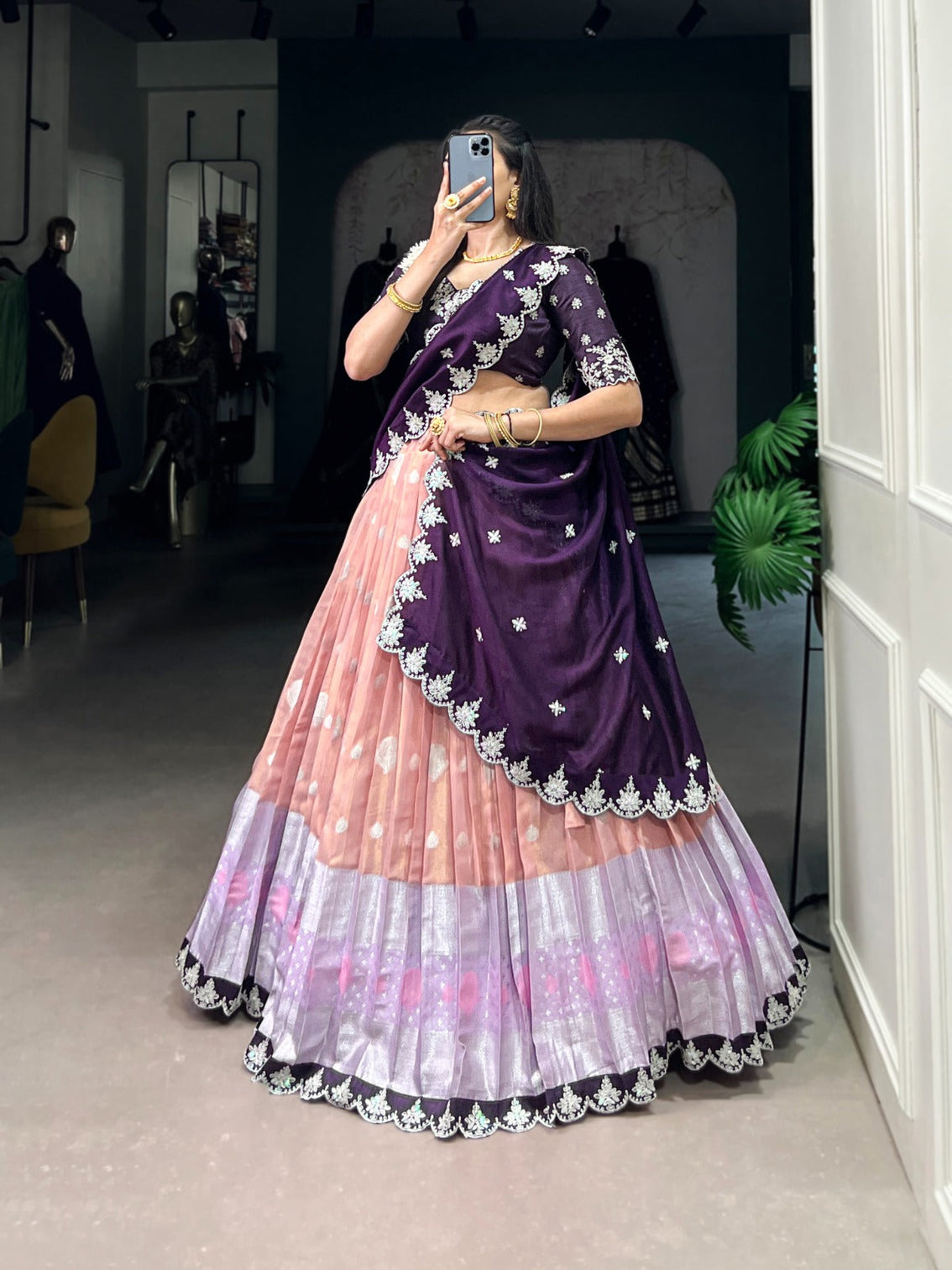 Peach Zari Kota Embroidered Lehenga Set with Vichitra Silk Dupatta – Sequins & Thread Work, Unstitched Blouse