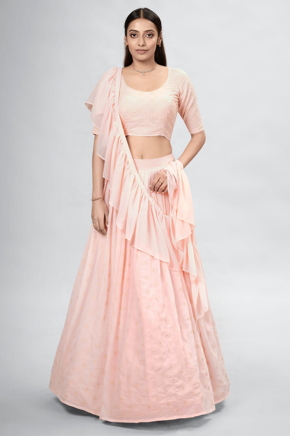 Peach Indian Georgette Lehenga Choli With Ruffle Dupatta For Indian Festival & Weddings - Sequence Embroidery Work,