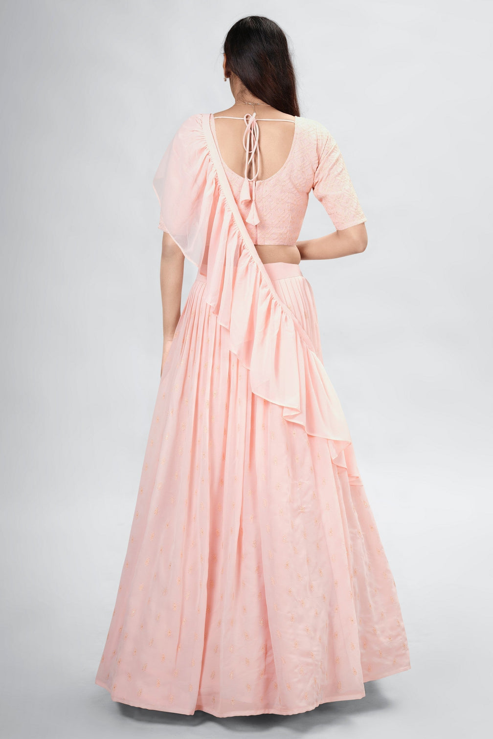 Peach Indian Georgette Lehenga Choli With Ruffle Dupatta For Indian Festival & Weddings - Sequence Embroidery Work,