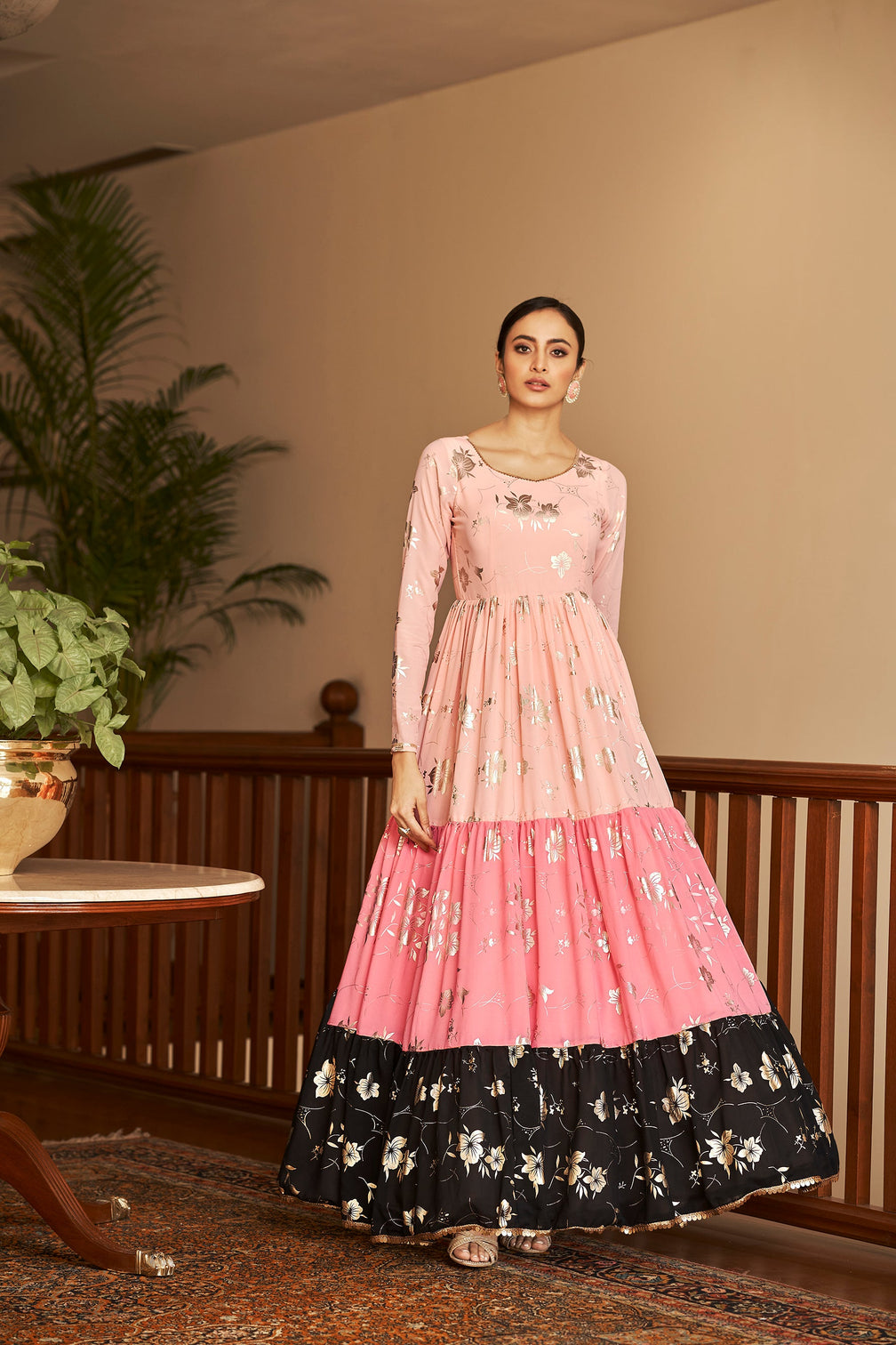 Peach & Pink & Black Metallic Foilage Print Georgette Anarkali Long Gown Semi Stitched