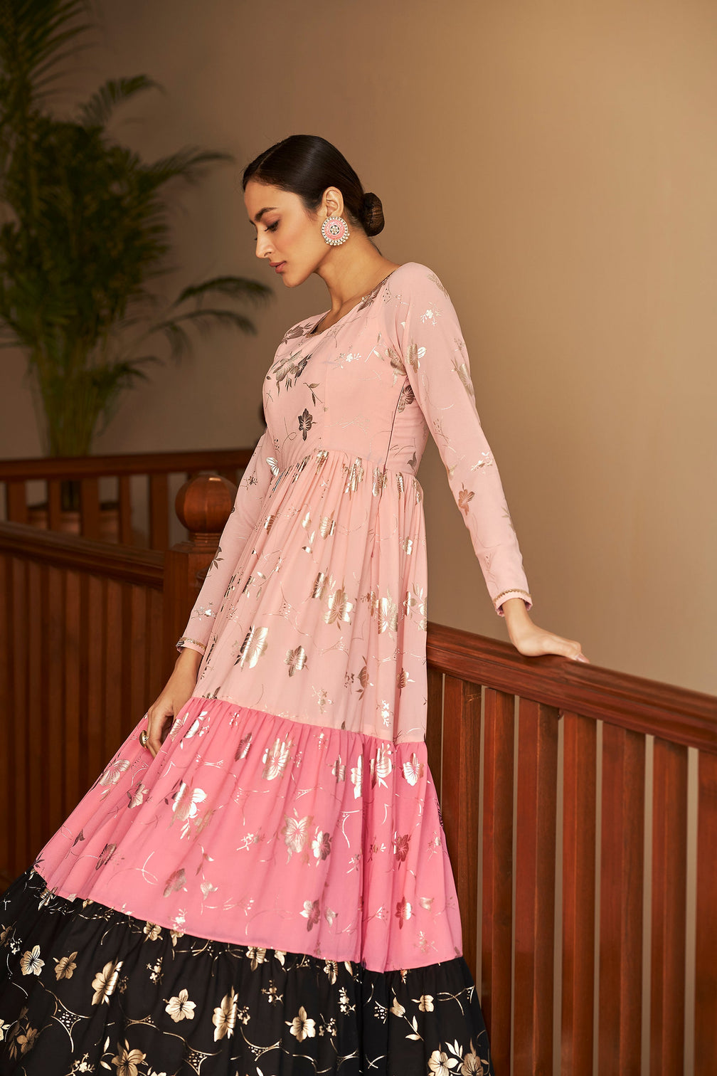 Peach & Pink & Black Metallic Foilage Print Georgette Anarkali Long Gown Semi Stitched