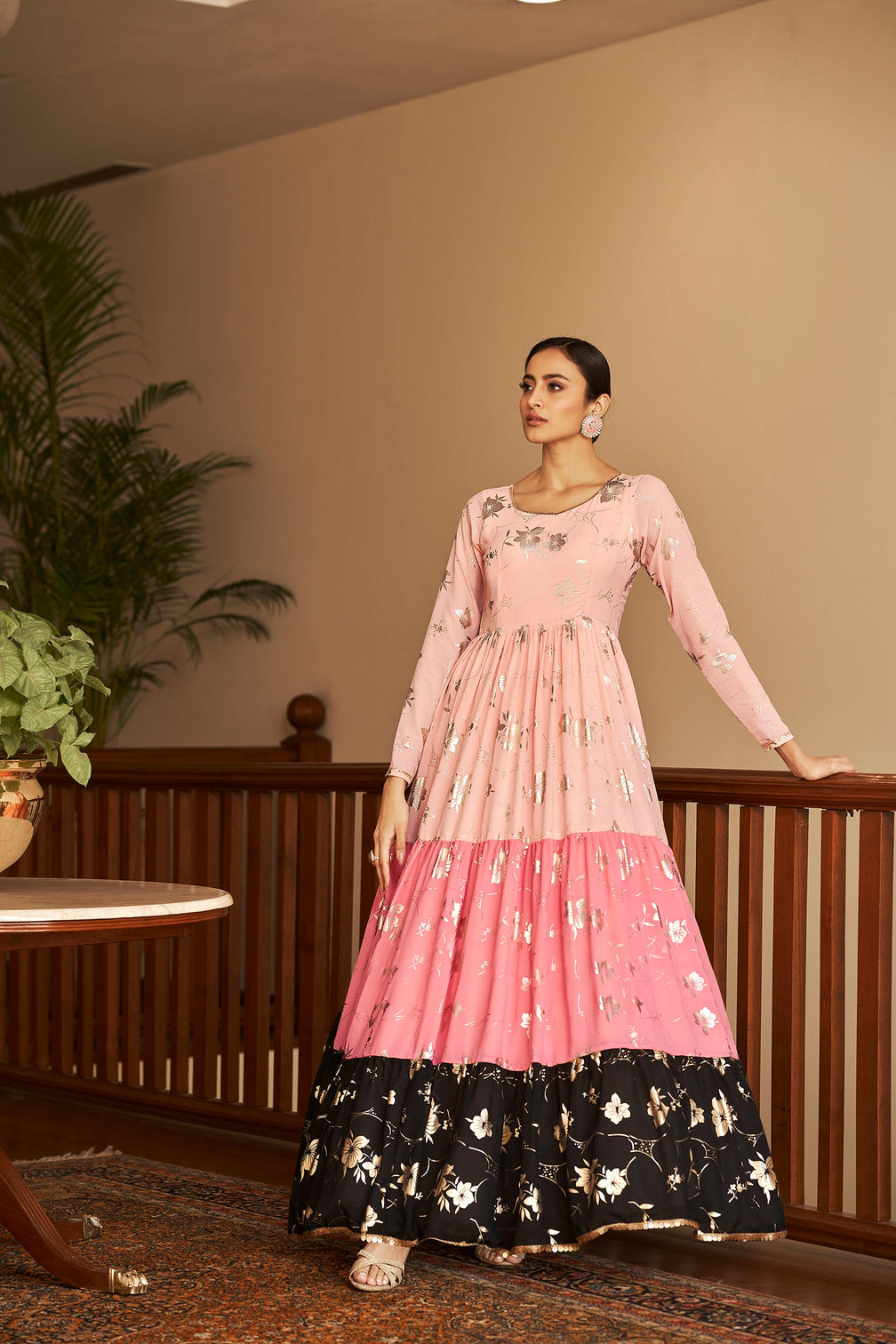 Peach & Pink & Black Metallic Foilage Print Georgette Anarkali Long Gown Semi Stitched