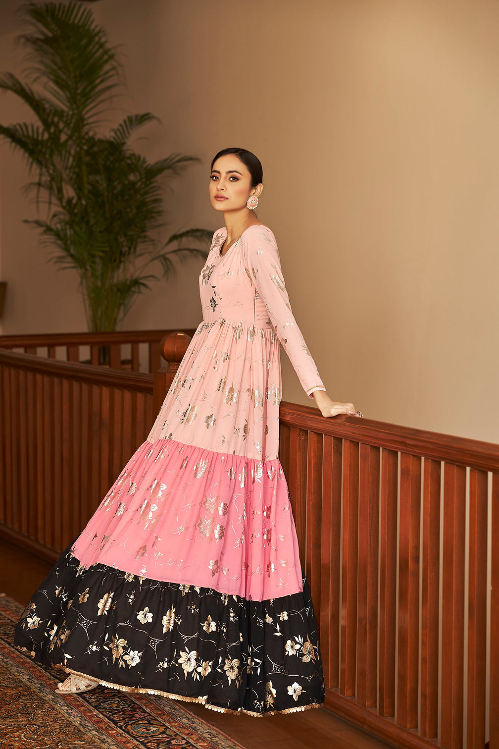Peach & Pink & Black Metallic Foilage Print Georgette Anarkali Long Gown Semi Stitched