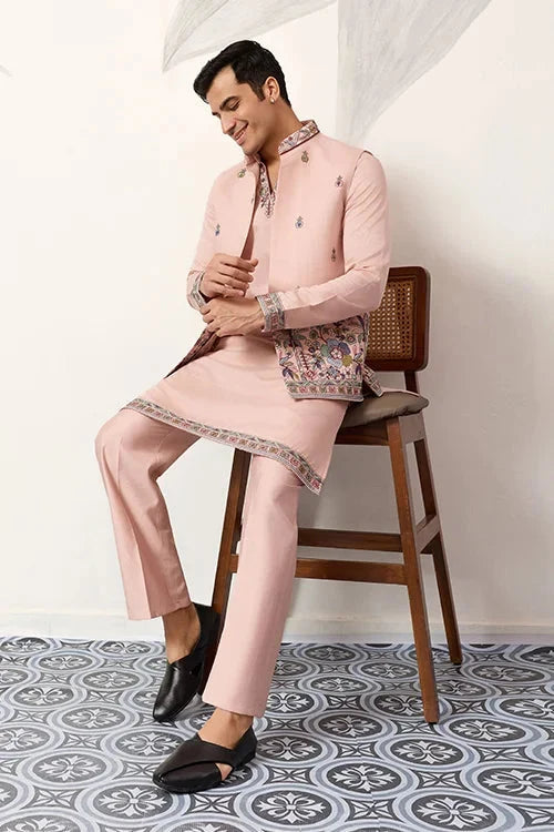 Royal Groom Ceremony Peach Koti Kurta Pair Mens Wear