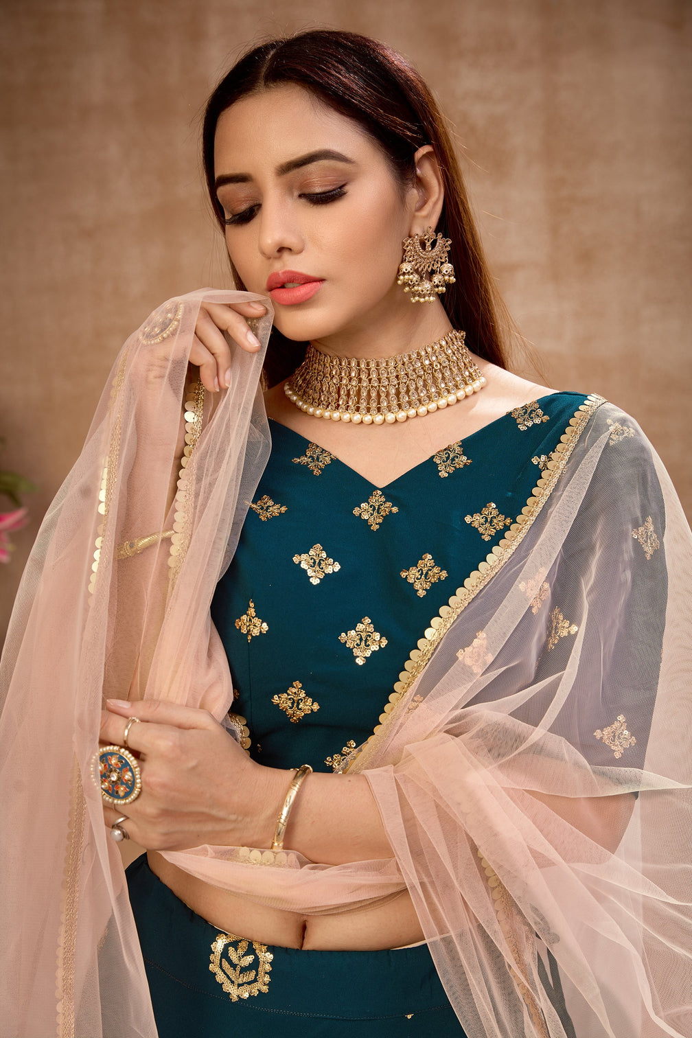 Peacock Blue Georgette Lehenga Choli With Net Dupatta
