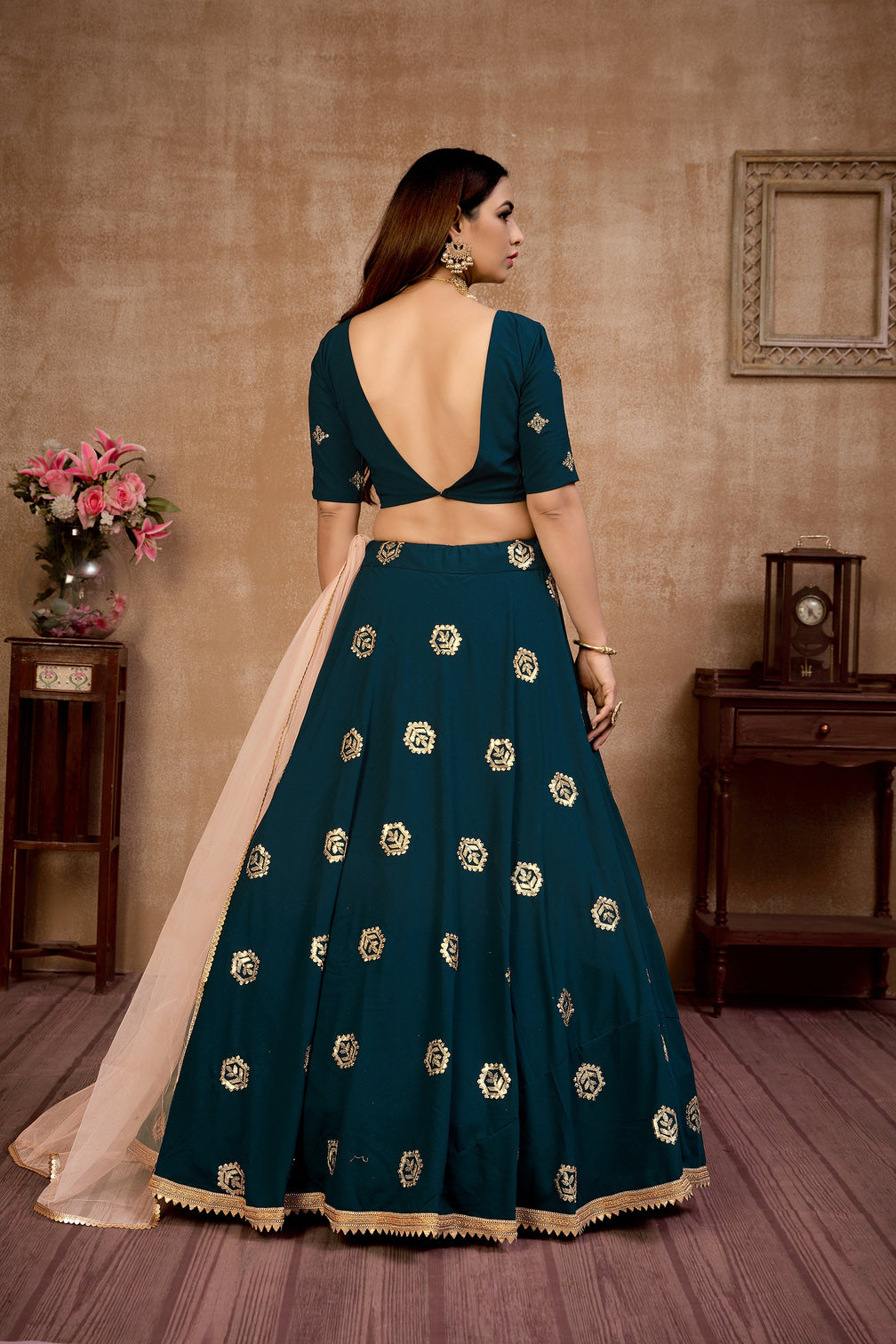 Peacock Blue Georgette Lehenga Choli With Net Dupatta