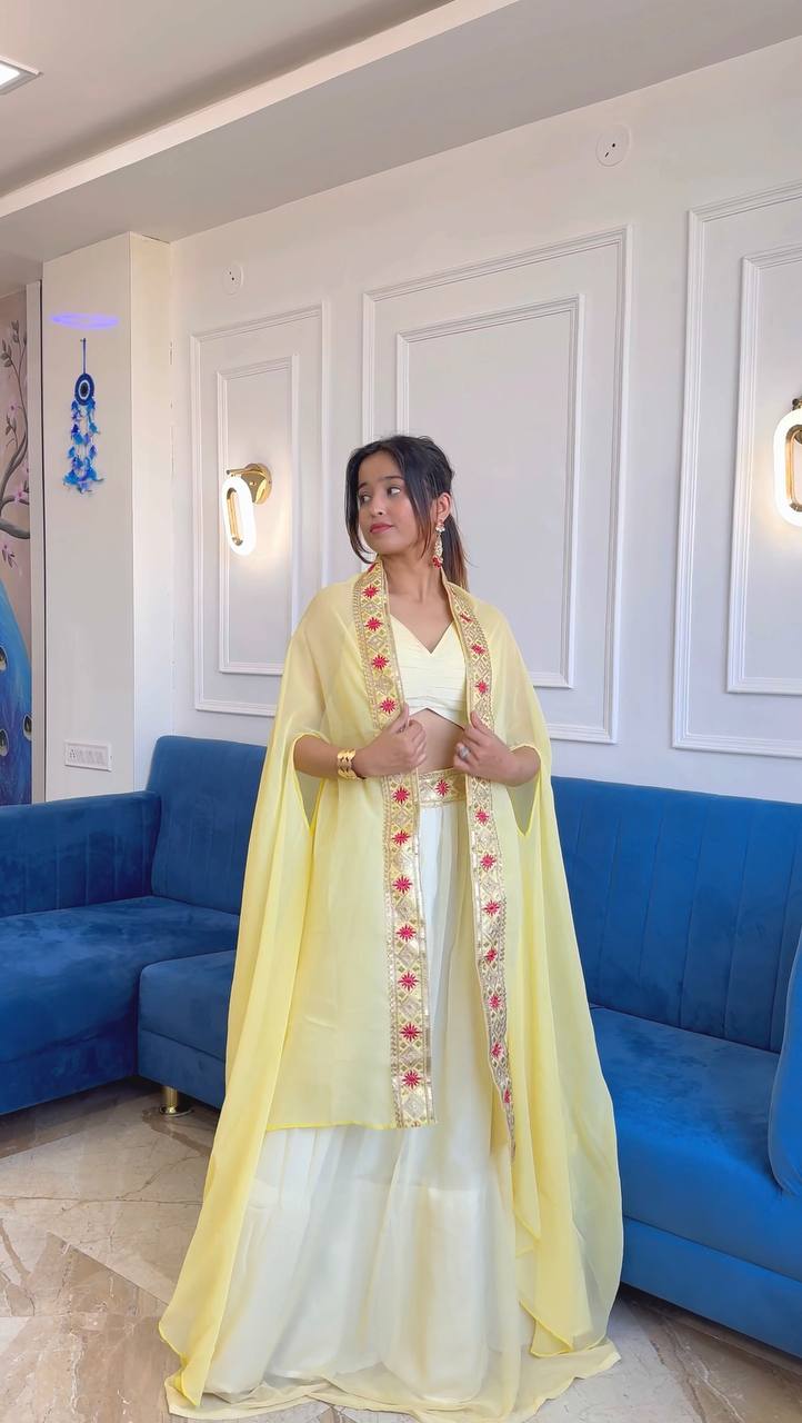 Pestel Yellow Georgette Lehenga Set with Embroidered Koti & Unstitched Blouse – Sequins, Thread & Dori Work