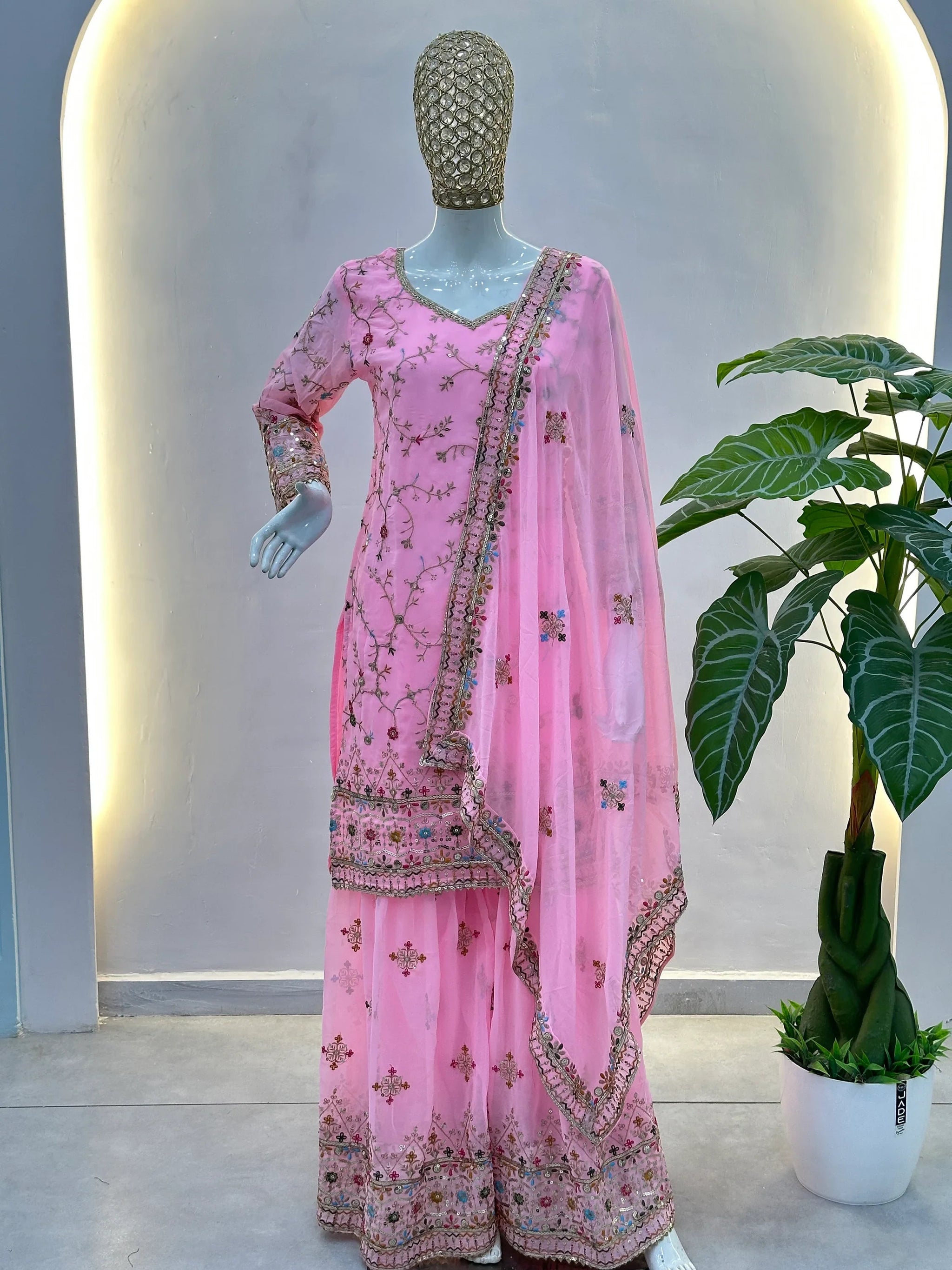 Precious Pink Zari Embroidered Georgette Designer Sharara Suit With Dupatta