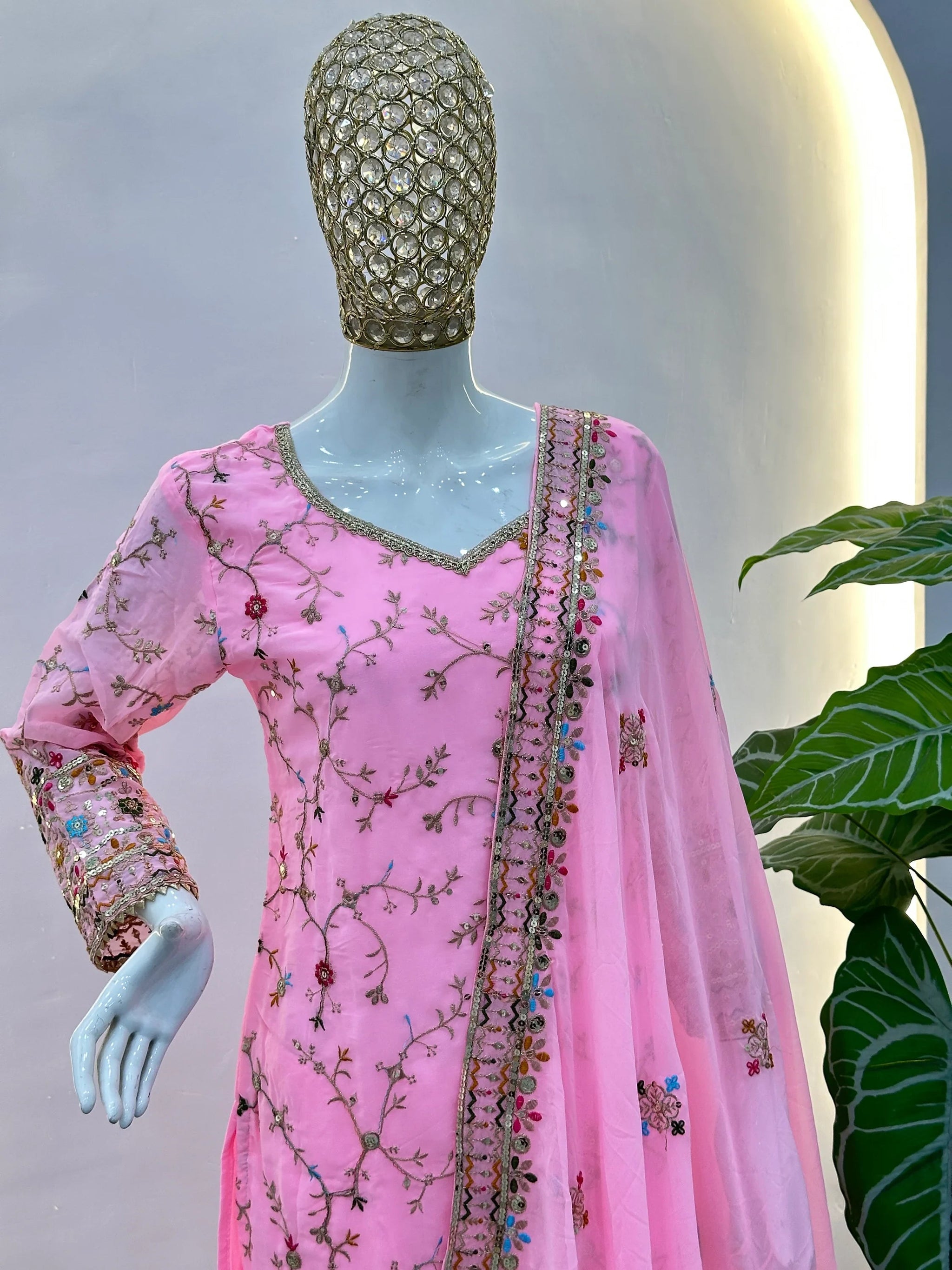 Precious Pink Zari Embroidered Georgette Designer Sharara Suit With Dupatta