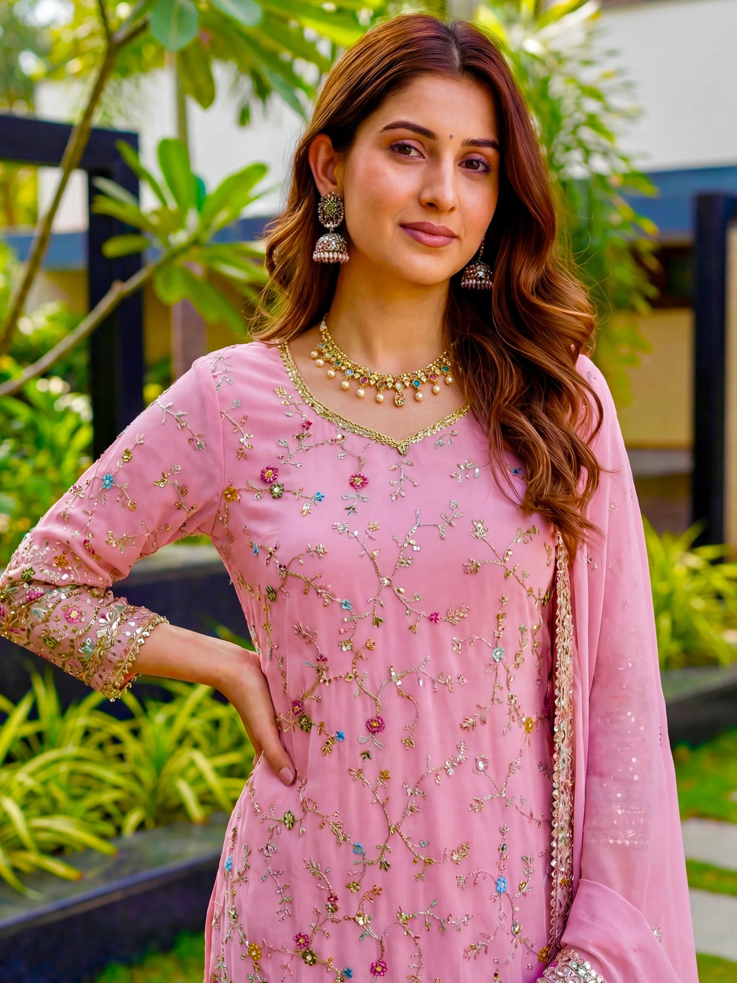 Precious Pink Zari Embroidered Georgette Designer Sharara Suit With Dupatta