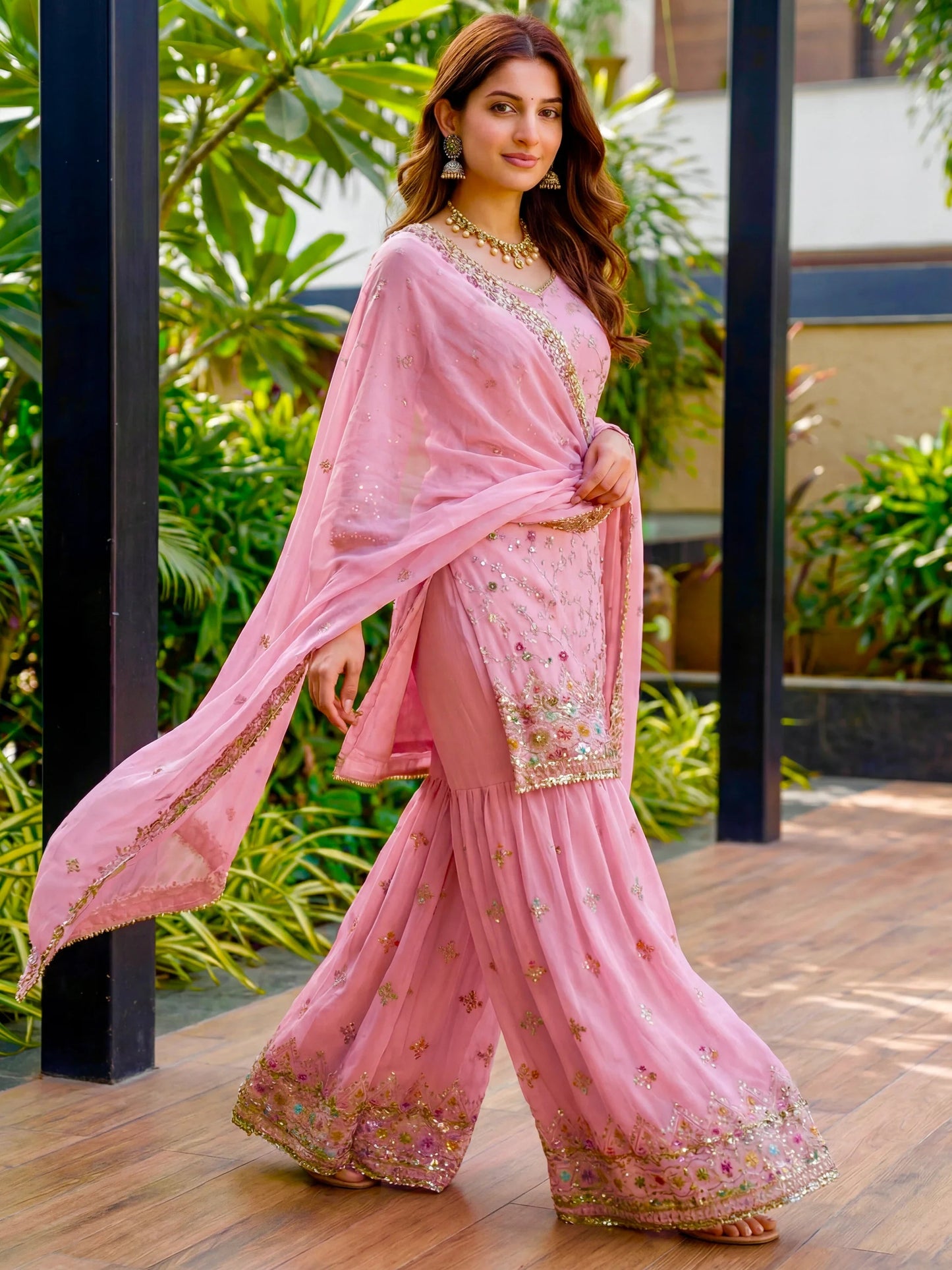 Precious Pink Zari Embroidered Georgette Designer Sharara Suit With Dupatta