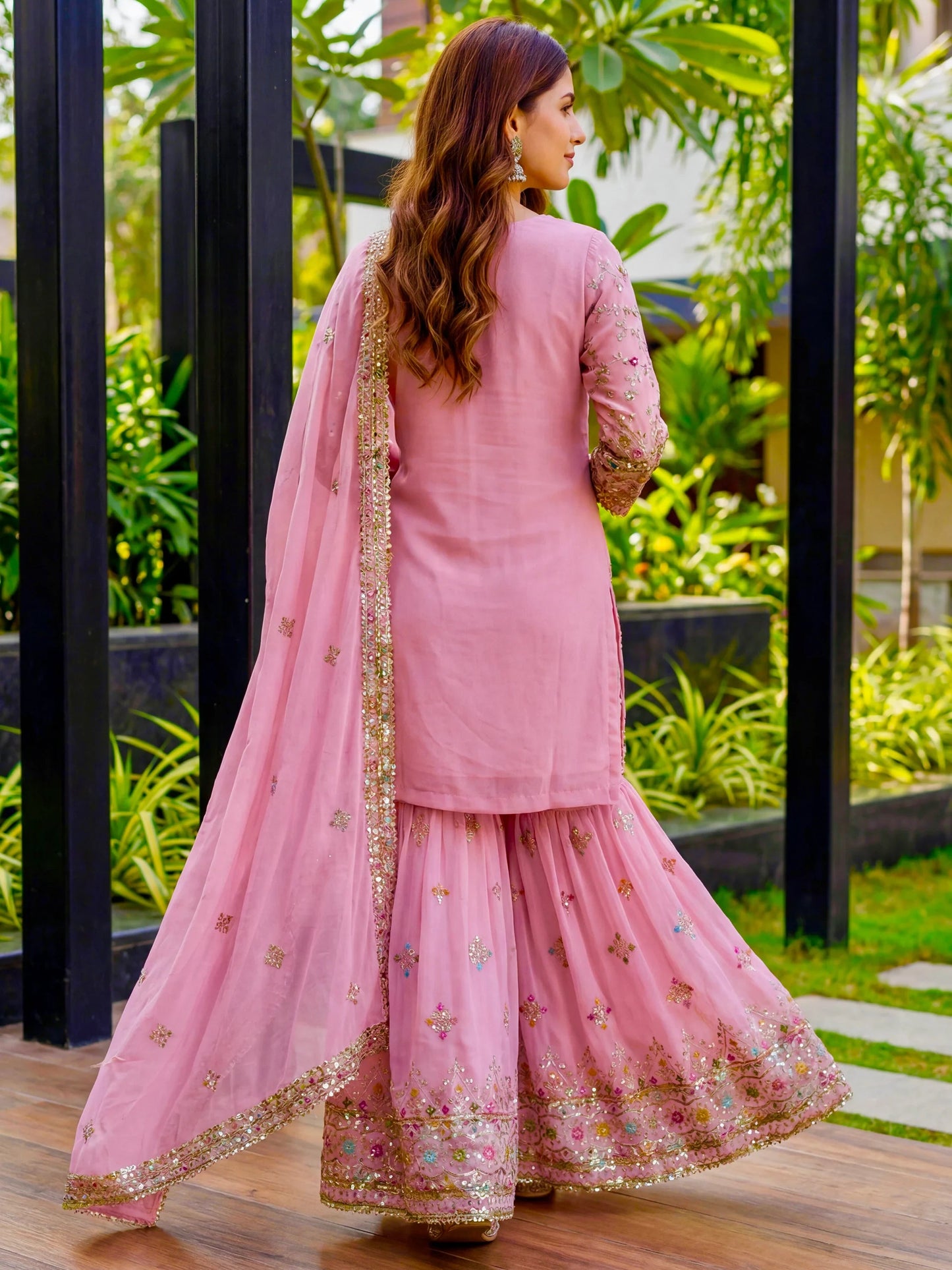 Precious Pink Zari Embroidered Georgette Designer Sharara Suit With Dupatta