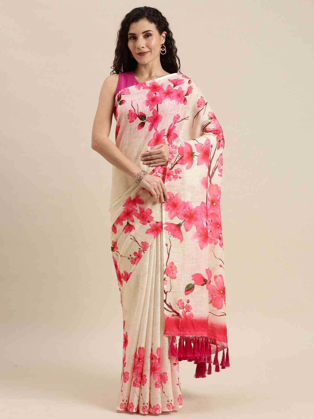 Beautiful Off White Linen Floral Printed Saree