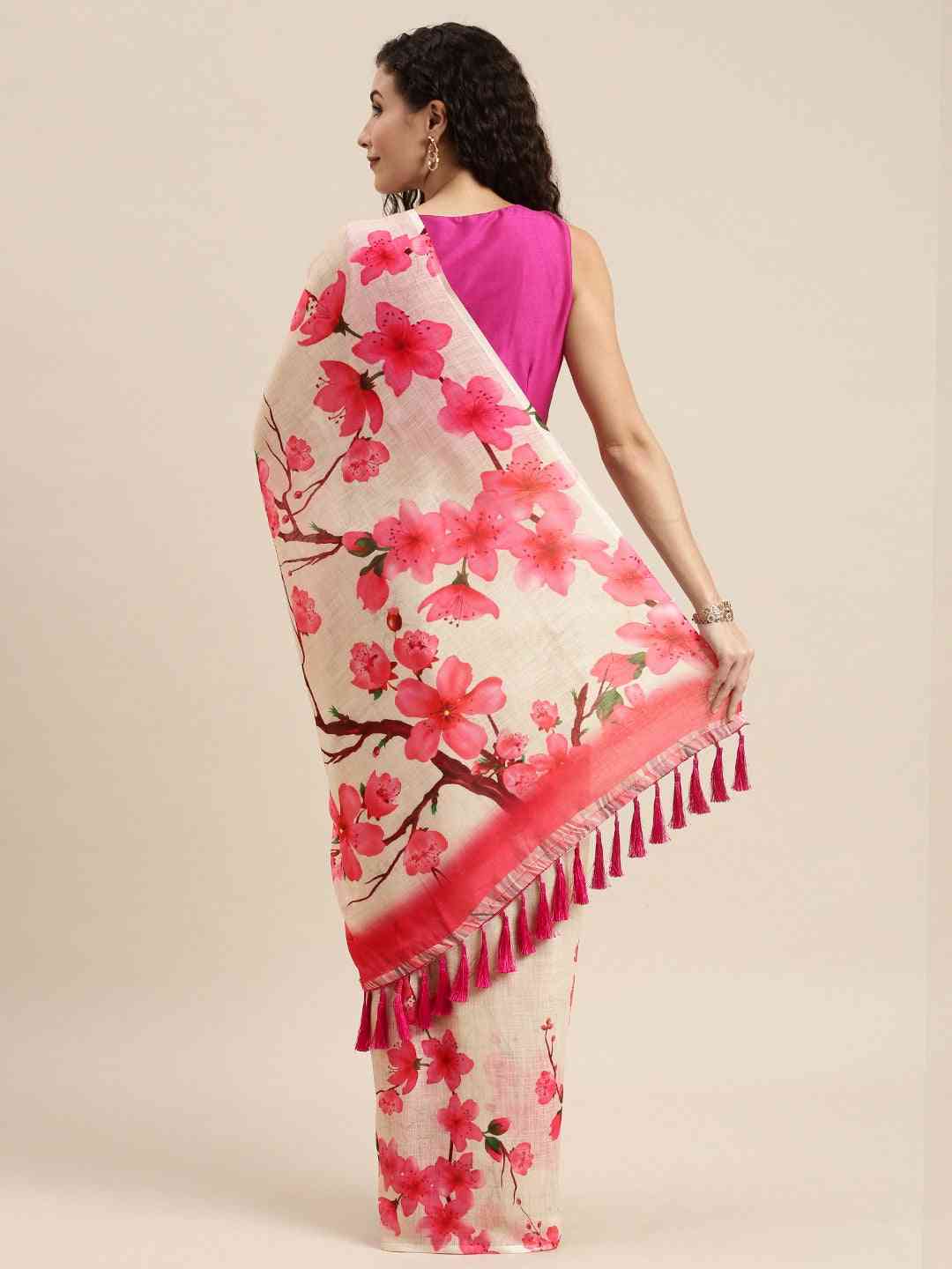 Beautiful Off White Linen Floral Printed Saree