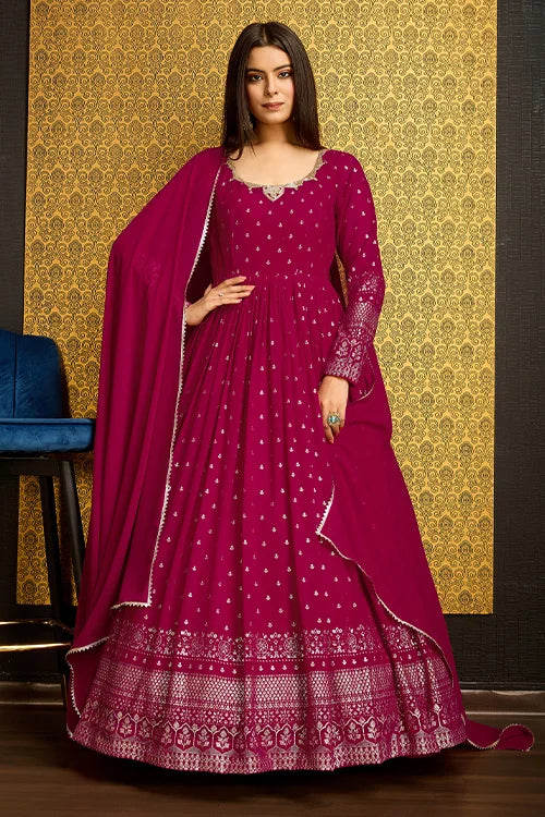 Rani Pink Faux Georgette Anarkali Long Gown with Metallic Foil Work