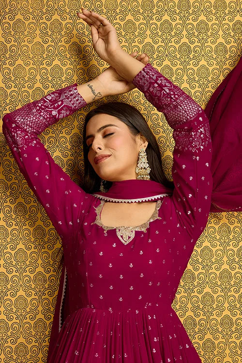 Rani Pink Faux Georgette Anarkali Long Gown with Metallic Foil Work