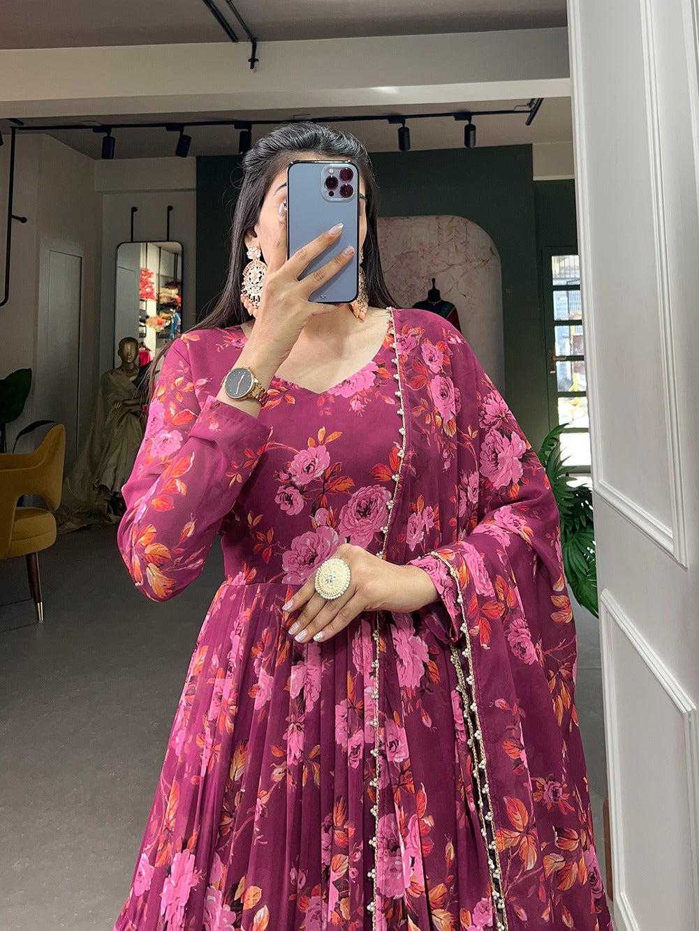 Vibrant Pink Floral Print Ready-To-Wear Gown