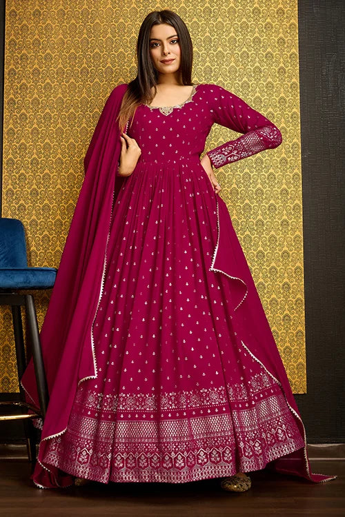 Rani Pink Faux Georgette Anarkali Long Gown with Metallic Foil Work