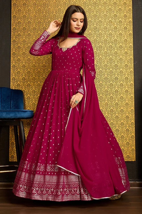 Rani Pink Faux Georgette Anarkali Long Gown with Metallic Foil Work