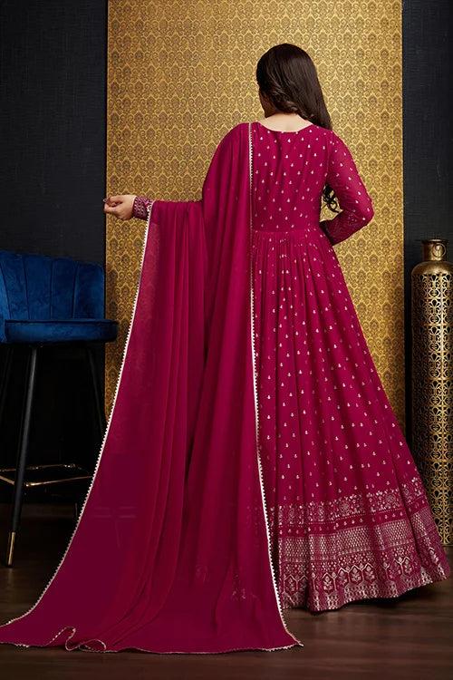 Rani Pink Faux Georgette Anarkali Long Gown with Metallic Foil Work