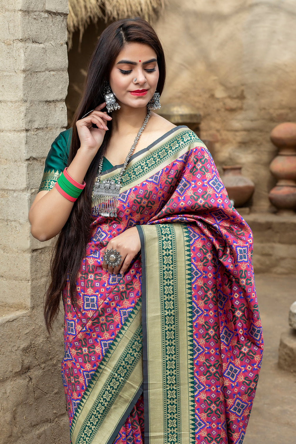 Pink-Green Weaving Banarasi Silk Bridal Wear Saree