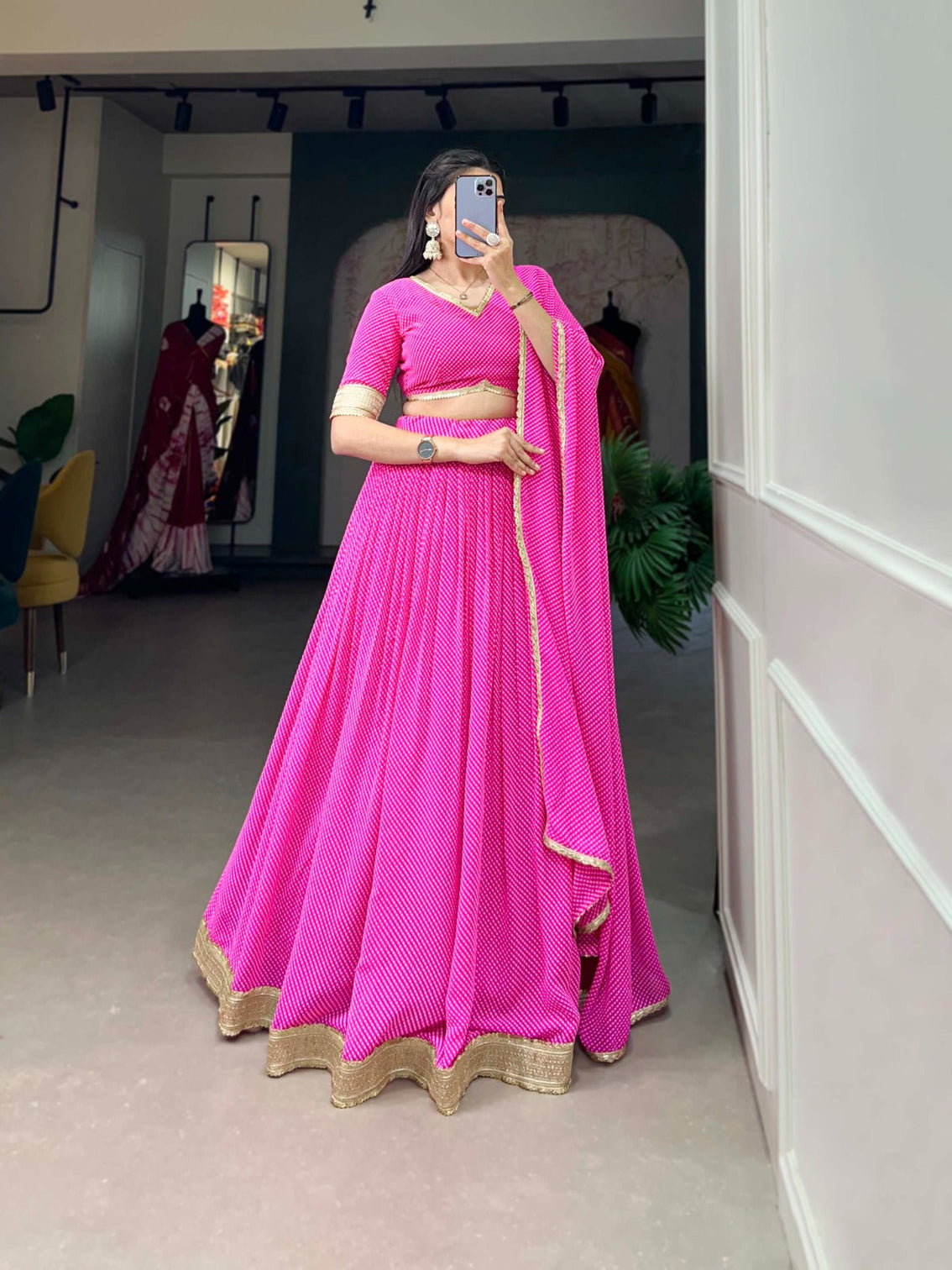 Pink Color Dot Print Georgette Lehenga Choli