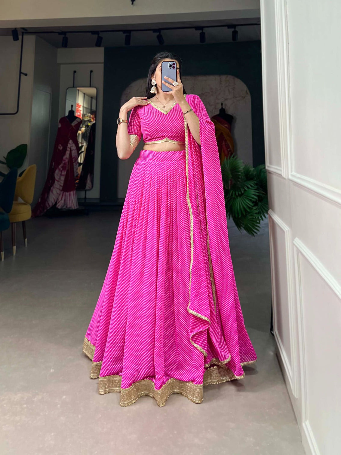 Pink Color Dot Print Georgette Lehenga Choli
