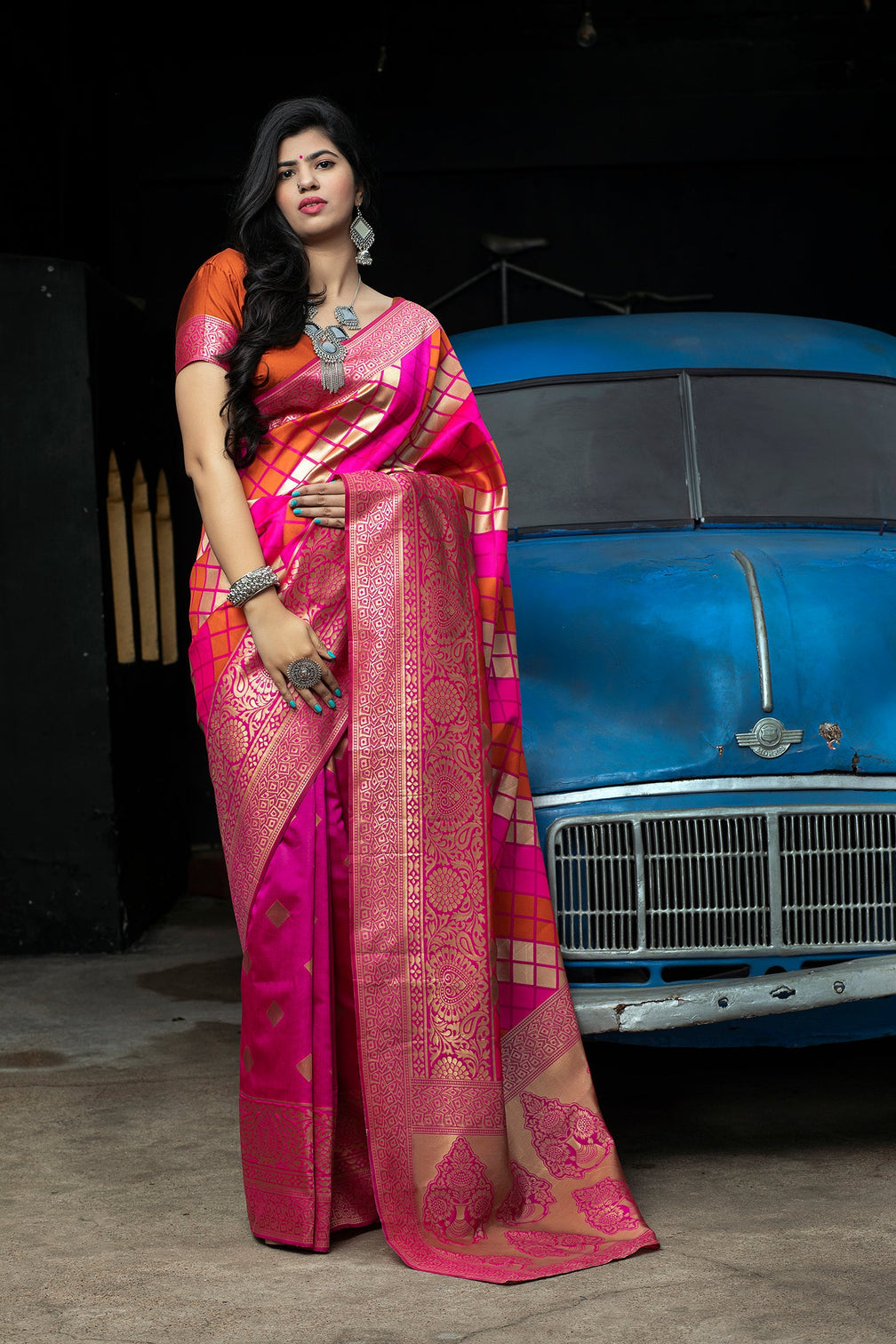 Pink-Orange Banarasi Silk Festival Wear Saree With Blouse