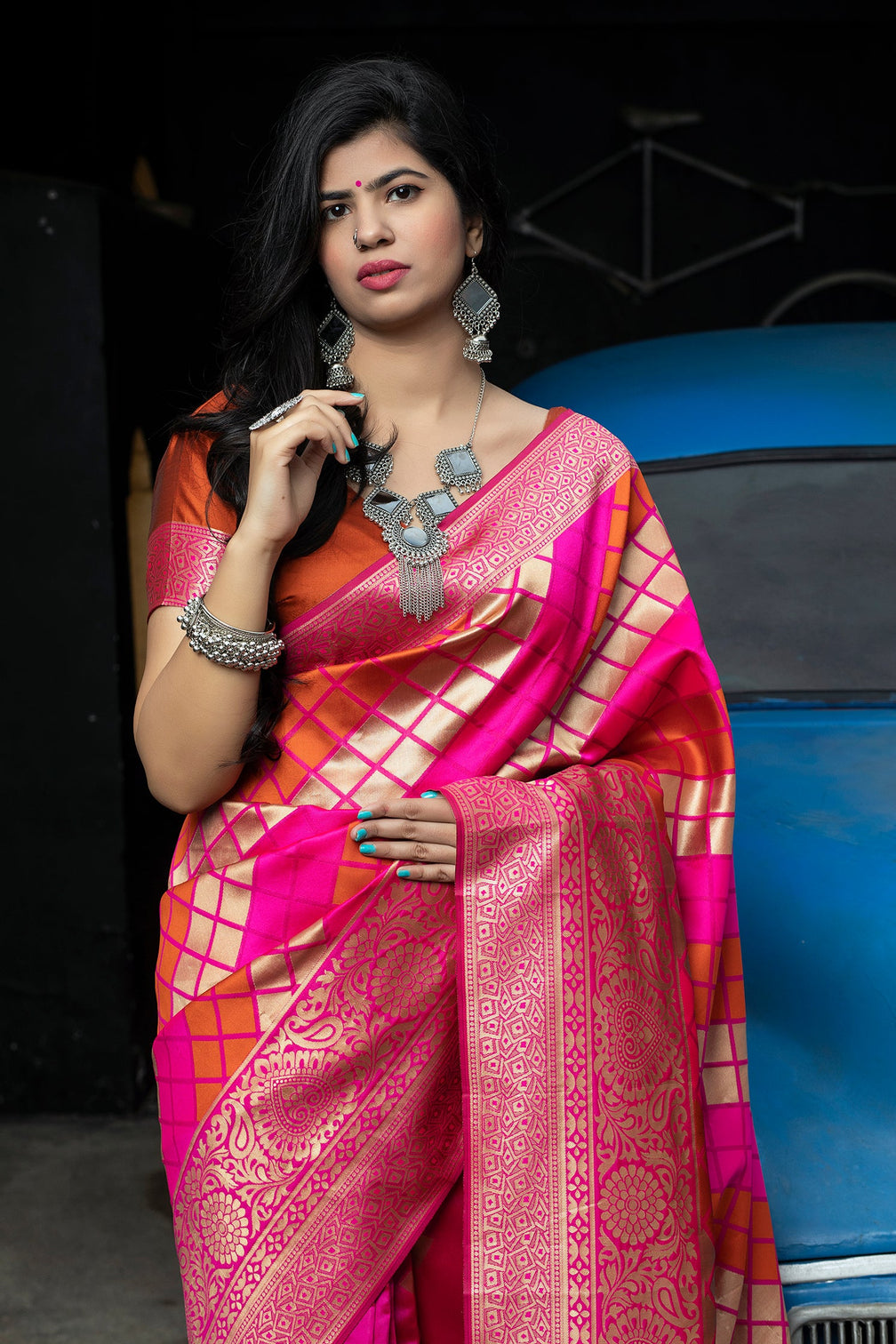 Pink-Orange Banarasi Silk Festival Wear Saree With Blouse